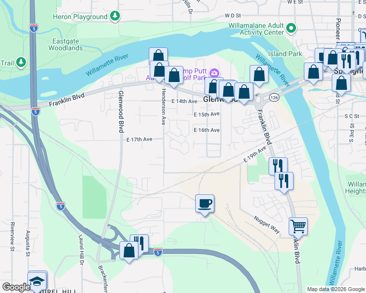 map of restaurants, bars, coffee shops, grocery stores, and more near 1625 Henderson Avenue in Eugene