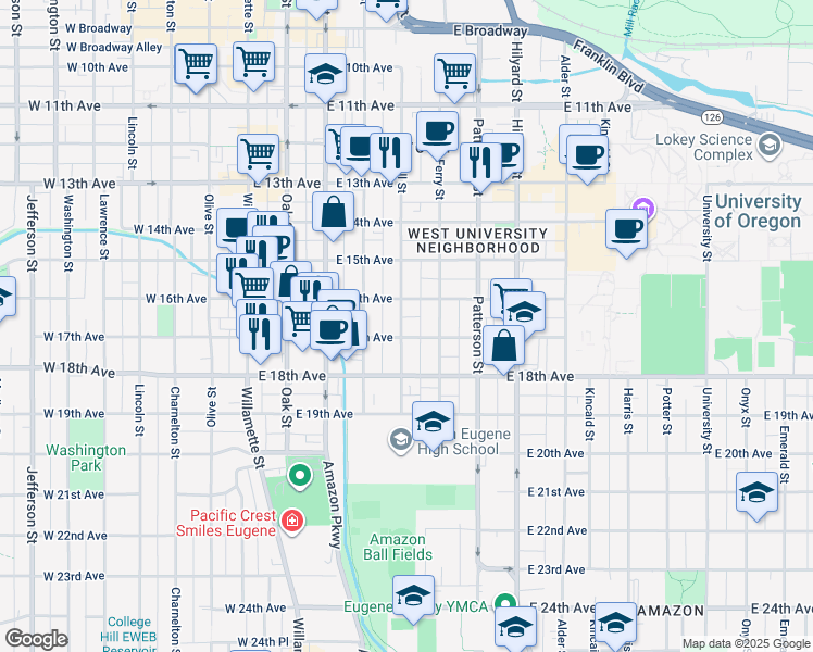 map of restaurants, bars, coffee shops, grocery stores, and more near 1669 Mill Street in Eugene
