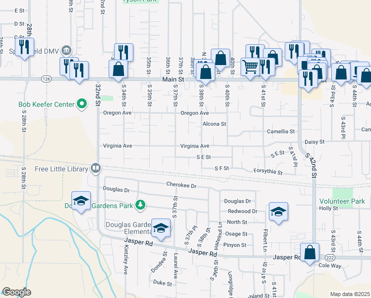 map of restaurants, bars, coffee shops, grocery stores, and more near 3731 Virginia Avenue in Springfield