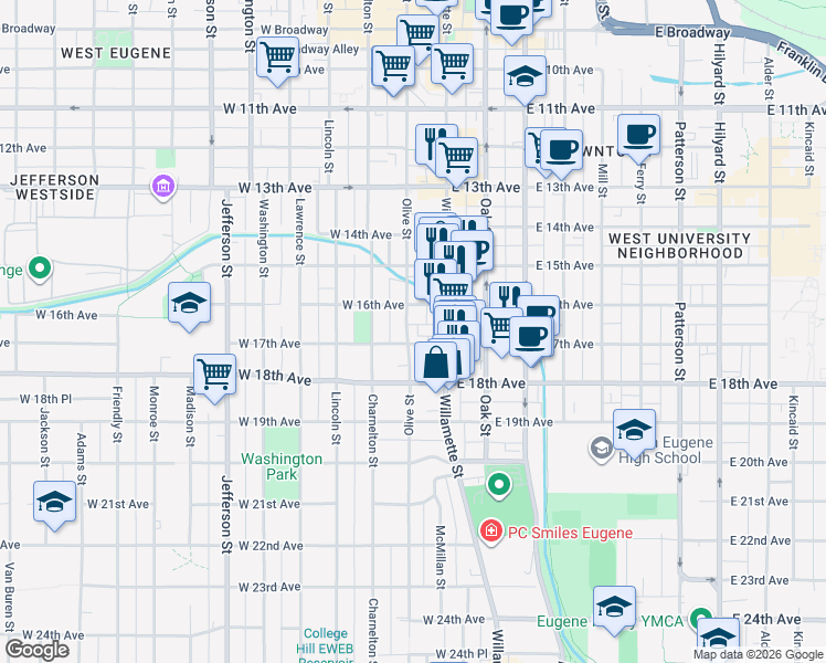map of restaurants, bars, coffee shops, grocery stores, and more near 1671 Olive Street in Eugene