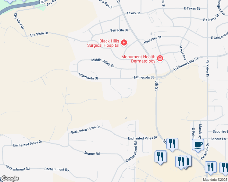 map of restaurants, bars, coffee shops, grocery stores, and more near 341 Minnesota Street in Rapid City