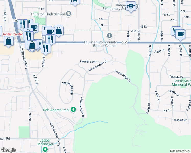 map of restaurants, bars, coffee shops, grocery stores, and more near 6251 Forest Ridge Drive in Springfield