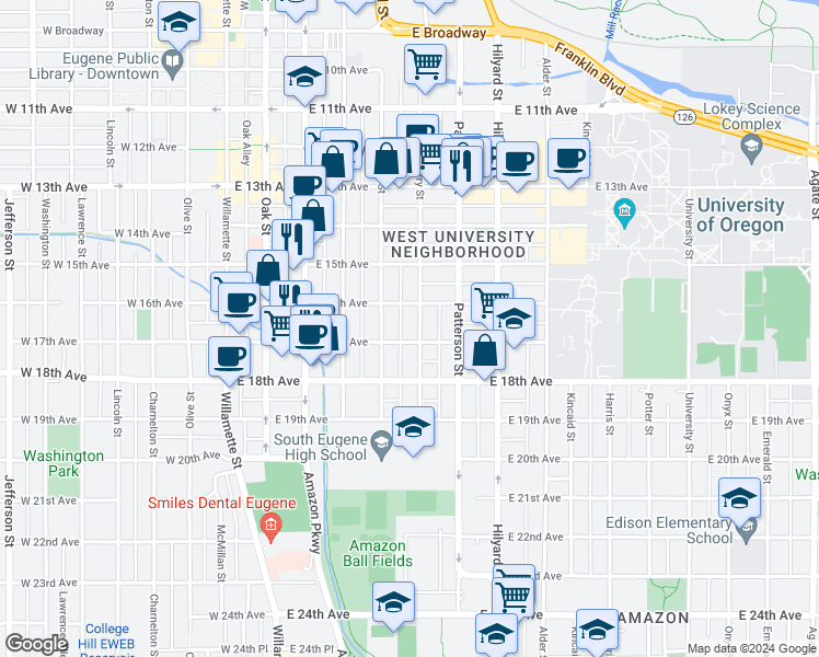 map of restaurants, bars, coffee shops, grocery stores, and more near 6168 Ferry Street in Eugene