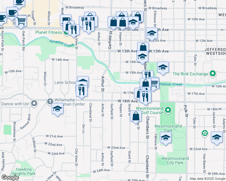 map of restaurants, bars, coffee shops, grocery stores, and more near 2019 West 17th Avenue in Eugene
