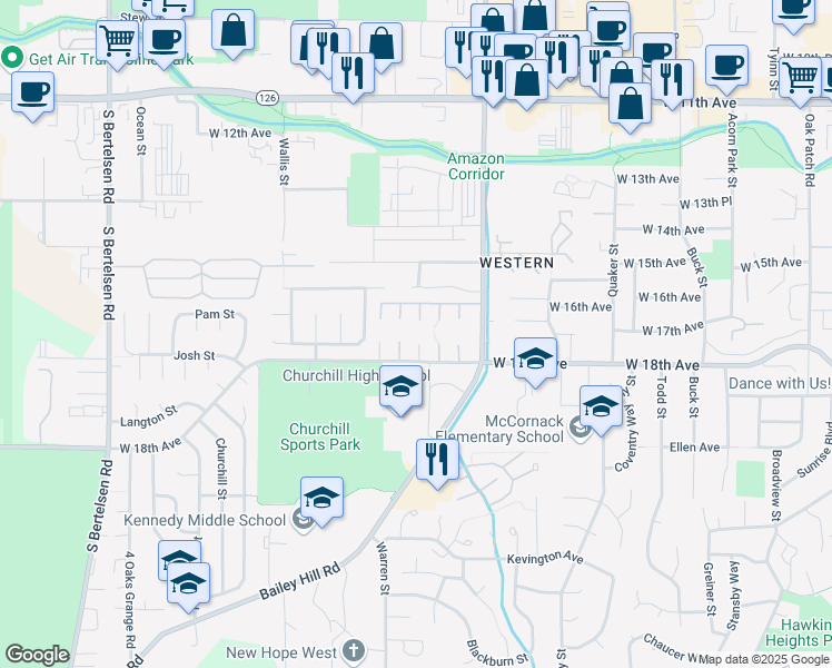 map of restaurants, bars, coffee shops, grocery stores, and more near 3600 West 18th Avenue in Eugene