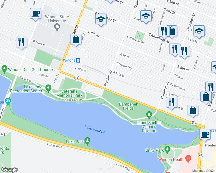 map of restaurants, bars, coffee shops, grocery stores, and more near 630 Franklin Street in Winona