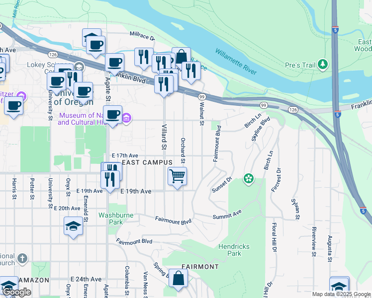 map of restaurants, bars, coffee shops, grocery stores, and more near 1683 Orchard Street in Eugene