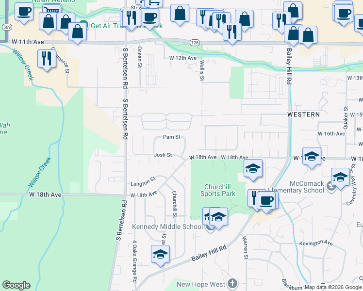 map of restaurants, bars, coffee shops, grocery stores, and more near 3914 Pam Street in Eugene