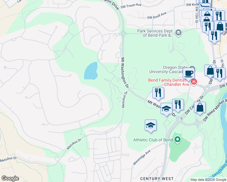 map of restaurants, bars, coffee shops, grocery stores, and more near 61739 Bridge Creek Loop in Bend