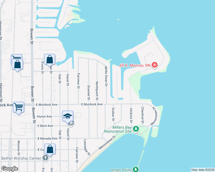 map of restaurants, bars, coffee shops, grocery stores, and more near 1950 White Swan Drive in Oshkosh