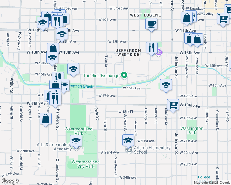 map of restaurants, bars, coffee shops, grocery stores, and more near 1680 Van Buren Street in Eugene