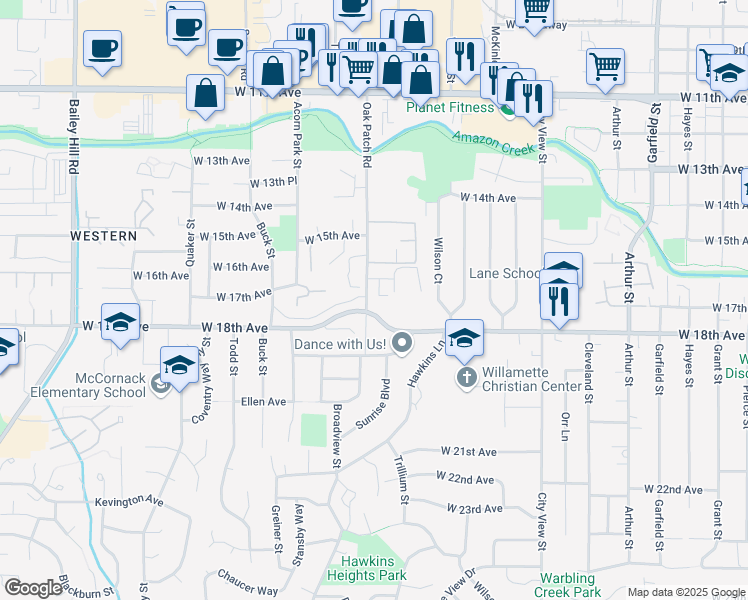 map of restaurants, bars, coffee shops, grocery stores, and more near 2930 Ivy Glen Drive in Eugene