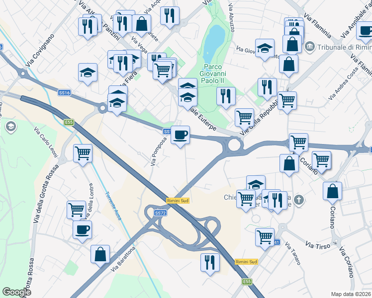 map of restaurants, bars, coffee shops, grocery stores, and more near 6 Via al Torrente in Rimini