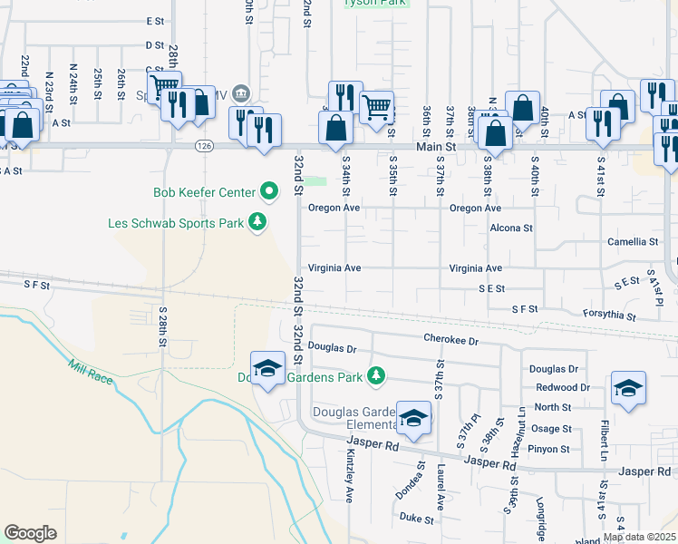 map of restaurants, bars, coffee shops, grocery stores, and more near 3385 Virginia Avenue in Springfield