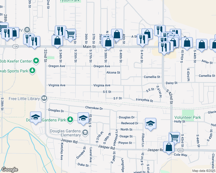 map of restaurants, bars, coffee shops, grocery stores, and more near 3825 Virginia Avenue in Springfield