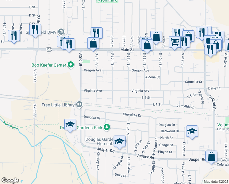 map of restaurants, bars, coffee shops, grocery stores, and more near 3505 Virginia Avenue in Springfield