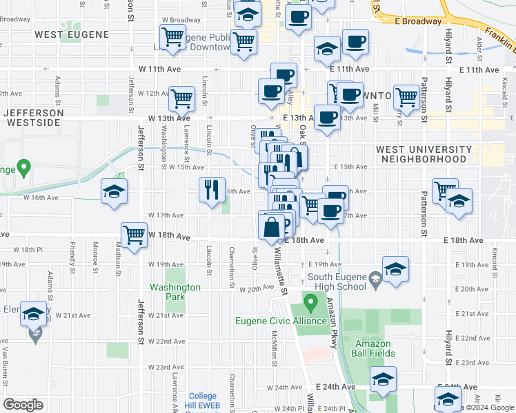 map of restaurants, bars, coffee shops, grocery stores, and more near 1669 Olive Street in Eugene