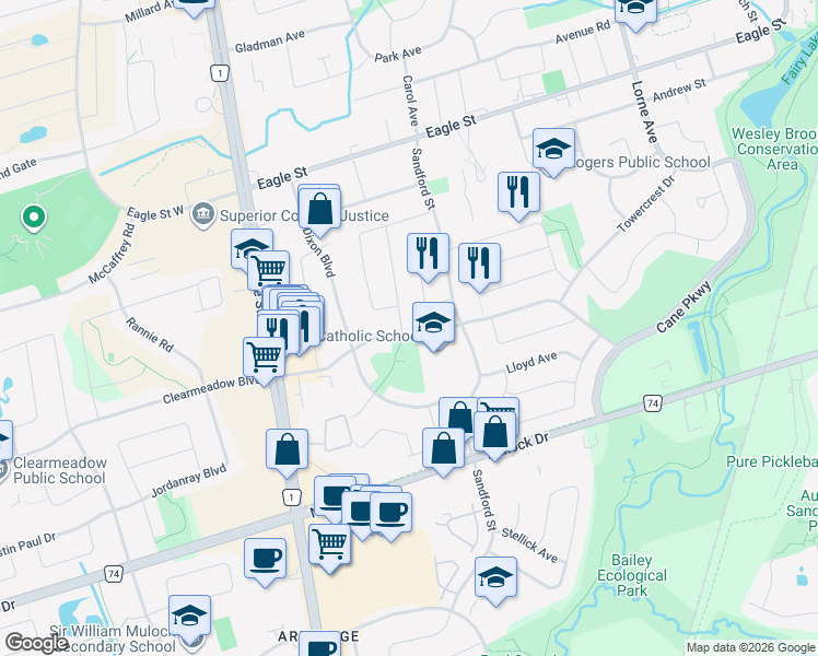 map of restaurants, bars, coffee shops, grocery stores, and more near 425 Borden Avenue in Newmarket