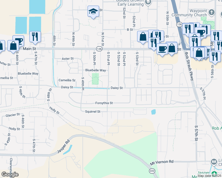 map of restaurants, bars, coffee shops, grocery stores, and more near 5131 Daisy Street in Springfield