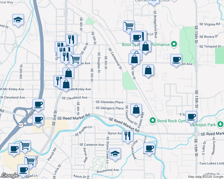 map of restaurants, bars, coffee shops, grocery stores, and more near 903 Southeast Polaris Court in Bend