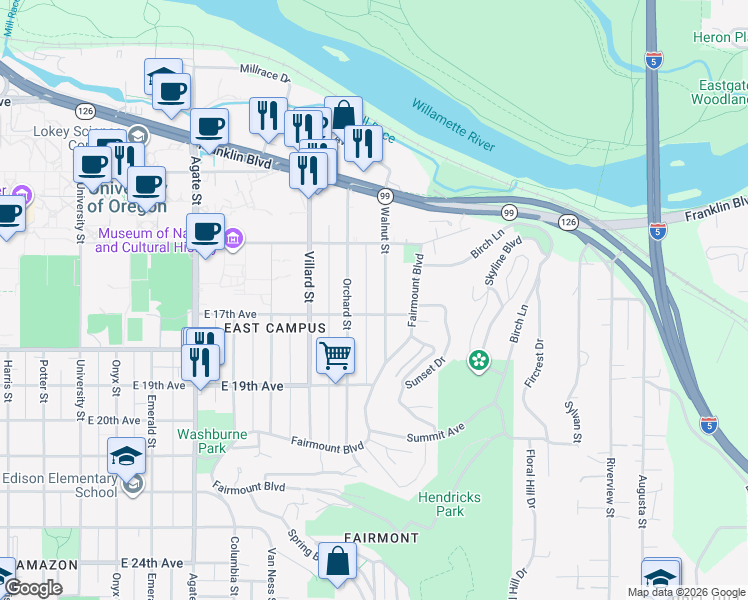 map of restaurants, bars, coffee shops, grocery stores, and more near 1662 Walnut Street in Eugene