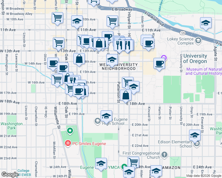 map of restaurants, bars, coffee shops, grocery stores, and more near 6168 Ferry Street in Eugene