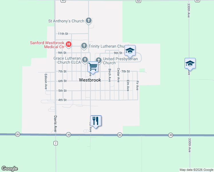 map of restaurants, bars, coffee shops, grocery stores, and more near 535 Birch Avenue in Westbrook