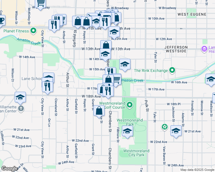 map of restaurants, bars, coffee shops, grocery stores, and more near 1680 Chambers Street in Eugene