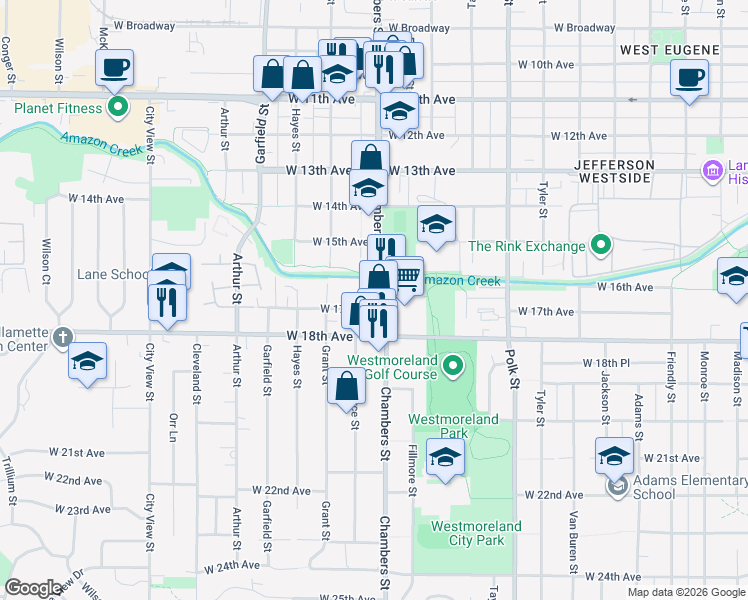 map of restaurants, bars, coffee shops, grocery stores, and more near 1680 Chambers Street in Eugene