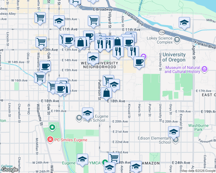 map of restaurants, bars, coffee shops, grocery stores, and more near 1676 Hilyard Street in Eugene