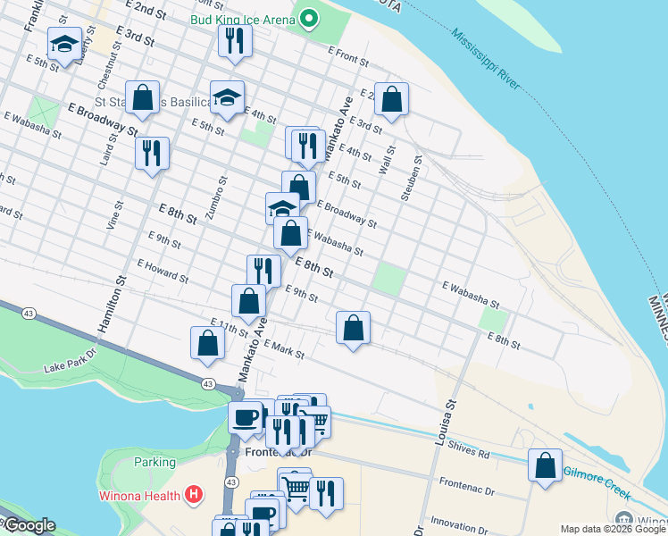 map of restaurants, bars, coffee shops, grocery stores, and more near 870 East 8th Street in Winona