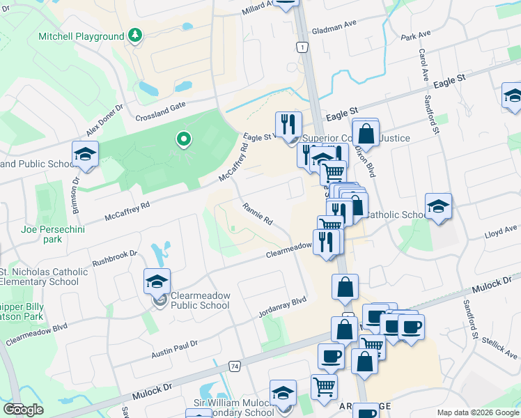 map of restaurants, bars, coffee shops, grocery stores, and more near 373 Rannie Road in Newmarket