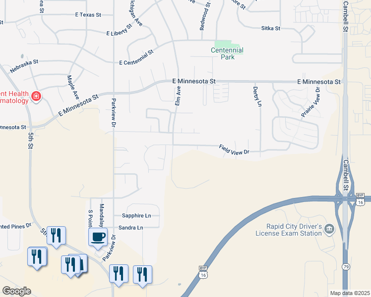 map of restaurants, bars, coffee shops, grocery stores, and more near 621 Field View Drive in Rapid City