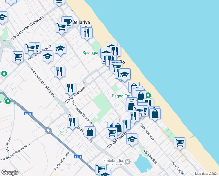 map of restaurants, bars, coffee shops, grocery stores, and more near 17A Viale Rapallo in Rimini