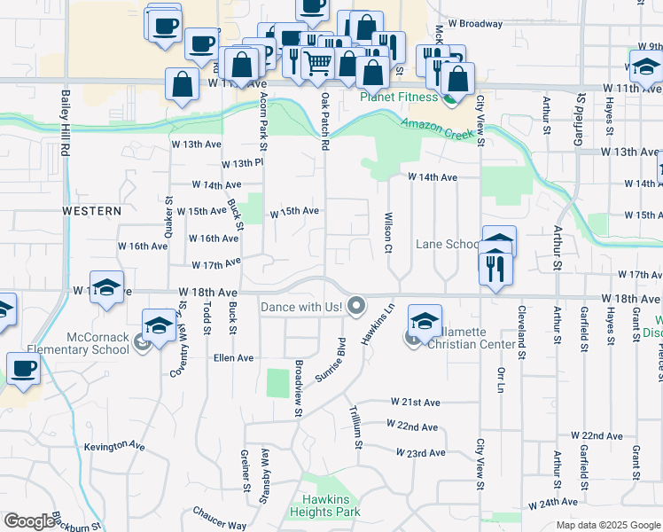 map of restaurants, bars, coffee shops, grocery stores, and more near 1765 Oak Patch Road in Eugene