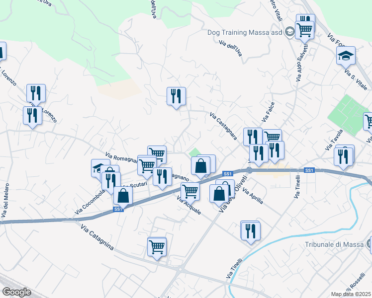 map of restaurants, bars, coffee shops, grocery stores, and more near 85 Via Armando Mannini in Massa