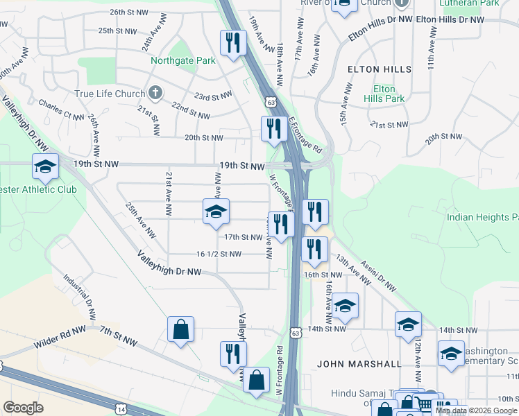 map of restaurants, bars, coffee shops, grocery stores, and more near 1812 18th Street Northwest in Rochester