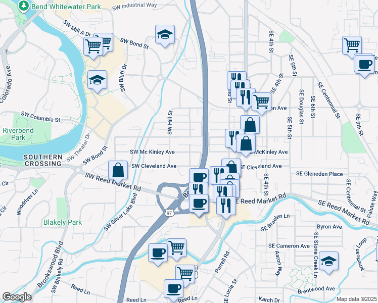 map of restaurants, bars, coffee shops, grocery stores, and more near 35 Southwest Mc Kinley Avenue in Bend
