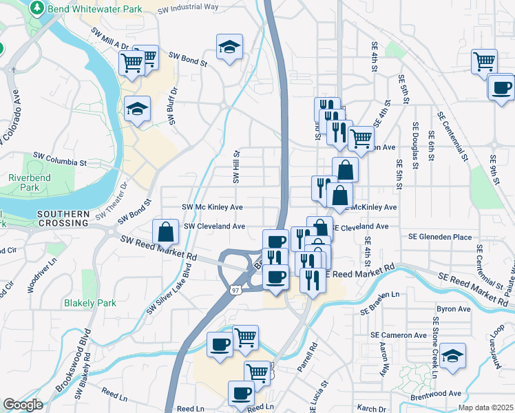 map of restaurants, bars, coffee shops, grocery stores, and more near 35 Southwest Mc Kinley Avenue in Bend