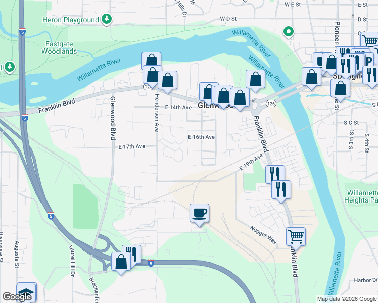 map of restaurants, bars, coffee shops, grocery stores, and more near 3905 East 17th Avenue in Eugene