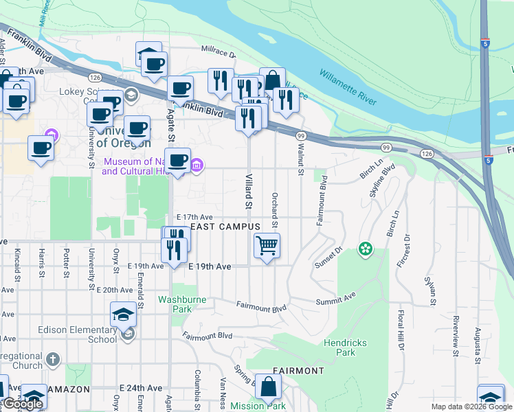 map of restaurants, bars, coffee shops, grocery stores, and more near 1673 Villard Street in Eugene