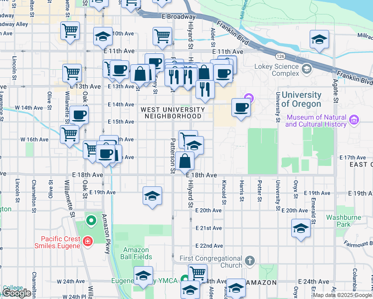 map of restaurants, bars, coffee shops, grocery stores, and more near 1676 Hilyard Street in Eugene