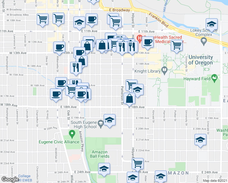 map of restaurants, bars, coffee shops, grocery stores, and more near 6168 Ferry Street in Eugene