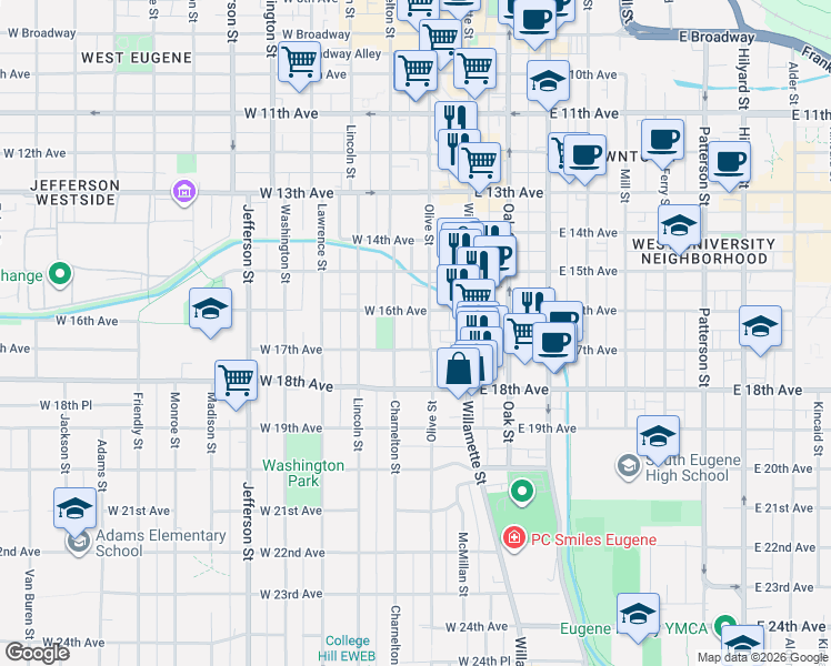 map of restaurants, bars, coffee shops, grocery stores, and more near 1680 Olive Street in Eugene