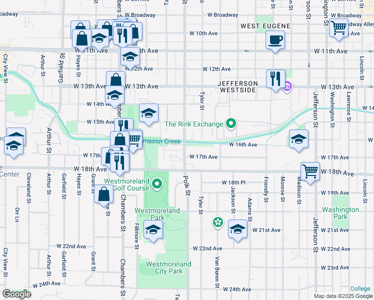 map of restaurants, bars, coffee shops, grocery stores, and more near 1685 Polk Street in Eugene