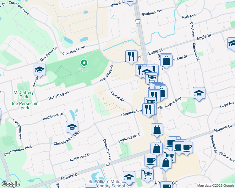 map of restaurants, bars, coffee shops, grocery stores, and more near 369 Rannie Road in Newmarket