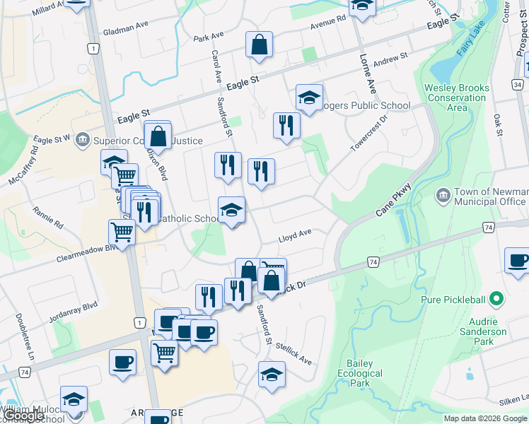 map of restaurants, bars, coffee shops, grocery stores, and more near 176 William Roe Boulevard in Newmarket