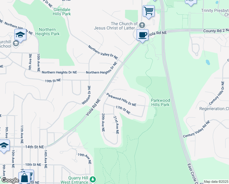 map of restaurants, bars, coffee shops, grocery stores, and more near 1814 20th Avenue Northeast in Rochester