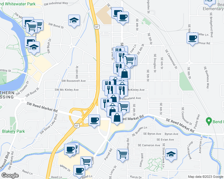map of restaurants, bars, coffee shops, grocery stores, and more near SE 2nd St & SE McKinley Ave in Bend