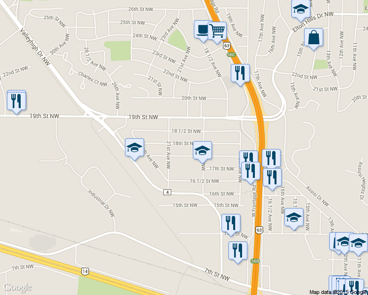 map of restaurants, bars, coffee shops, grocery stores, and more near 2014 18th Street Northwest in Rochester
